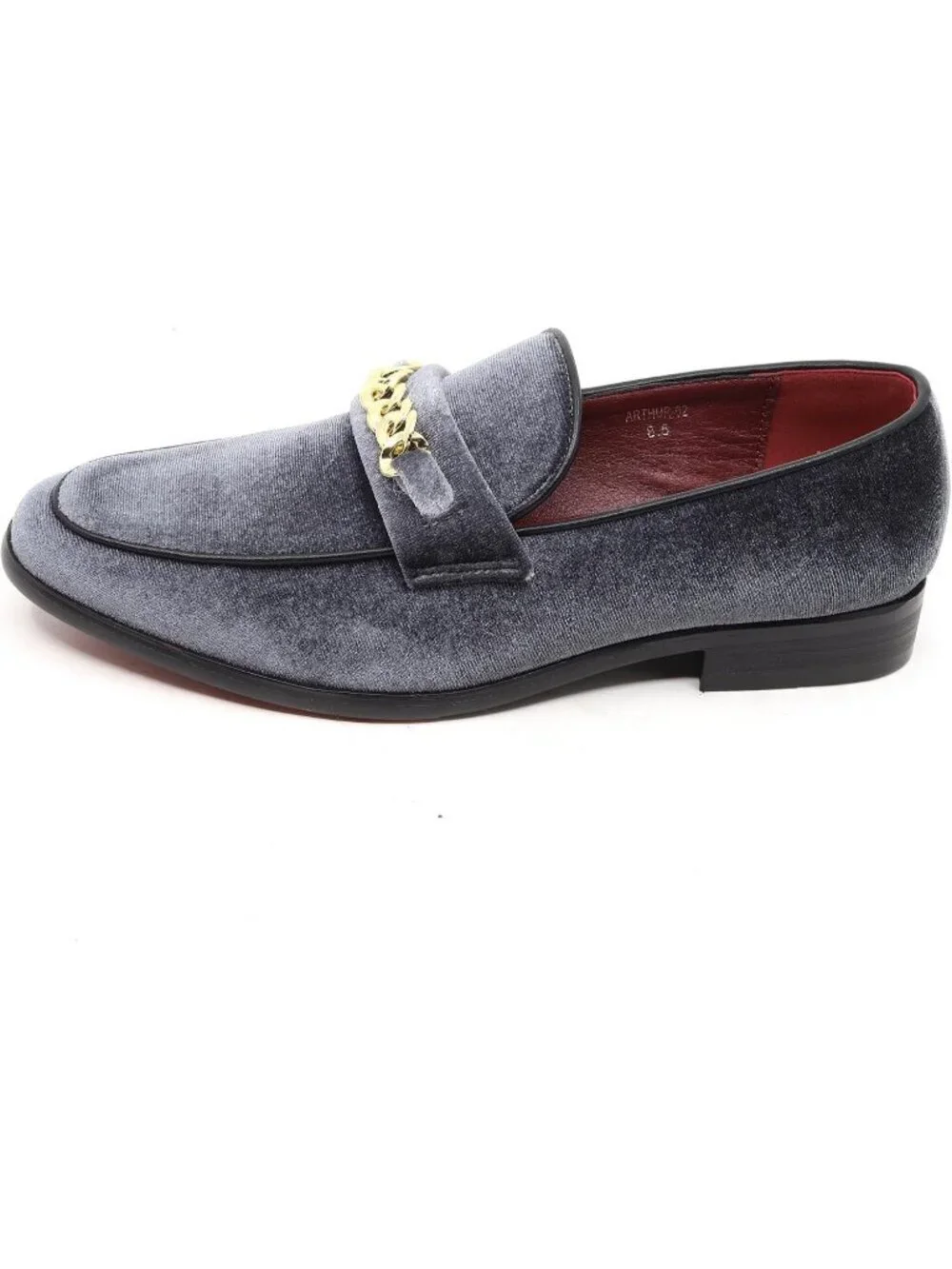 Metrocharm Men's Grey Vintage Velvet Loafers Gold Chain Buckle Slip On Shoes